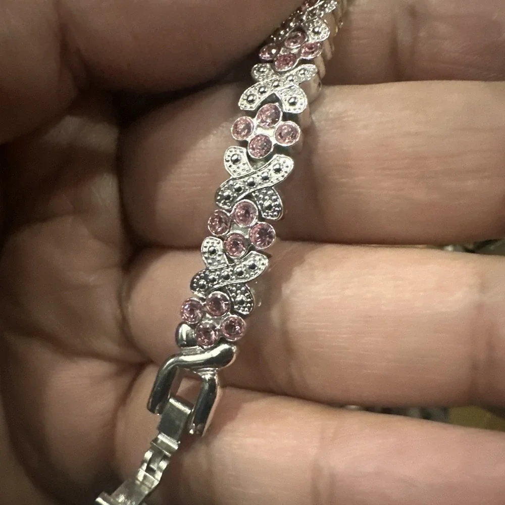 Working Anne Klein Silver Tone Pink Crystals Dainty Women's Watch 20mm Fit 6in